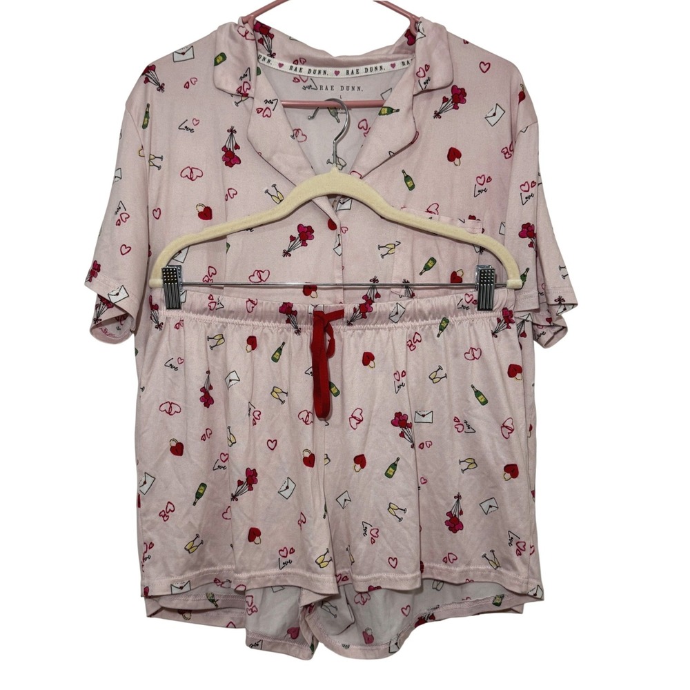 Rae Dunn Womens Pajama Set Large Pink Valentines Hearts Champagne 2 Piece Shorts
